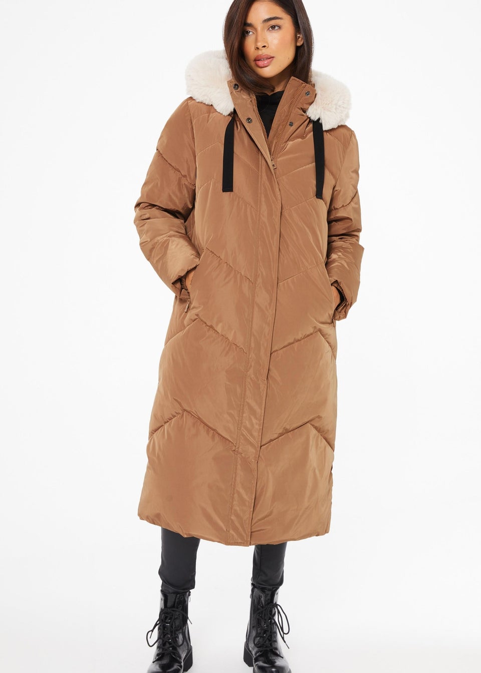 Quiz Camel Padded Faux Fur Hood Parka Matalan