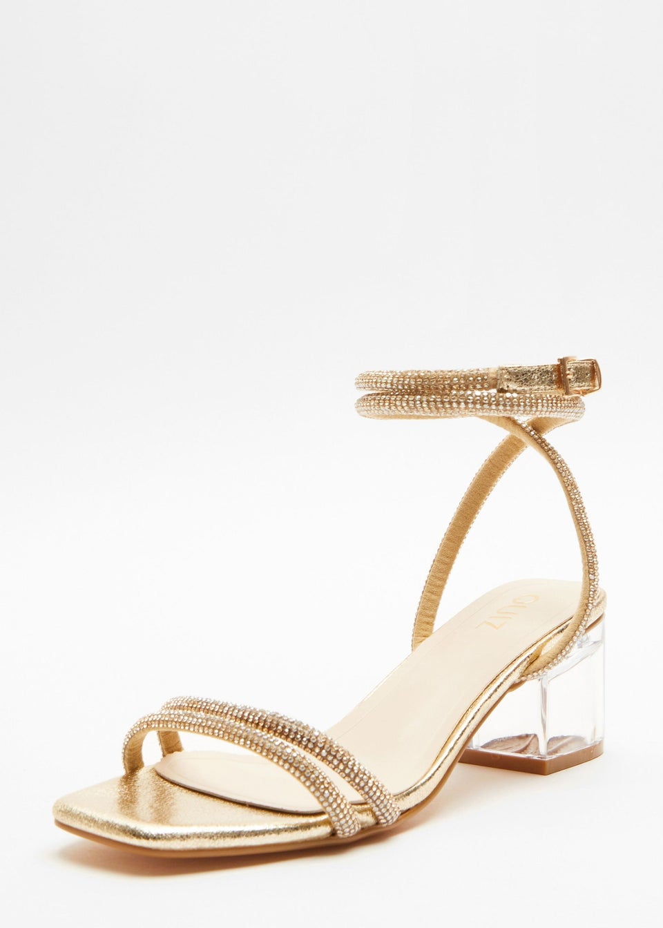 Quiz Gold Diamante Clear Low Heeled Sandals