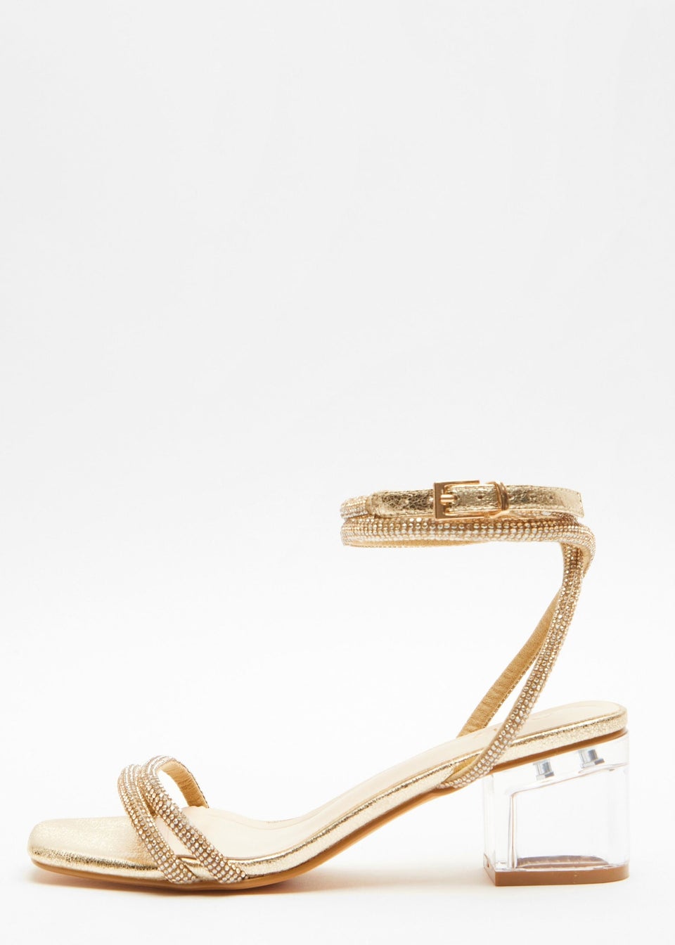 Quiz Gold Diamante Clear Low Heeled Sandals
