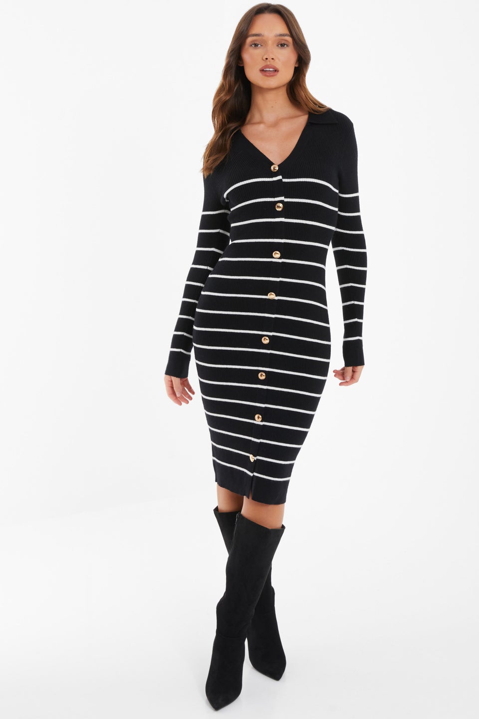 Quiz Black Stripe Knitted Midi Dress