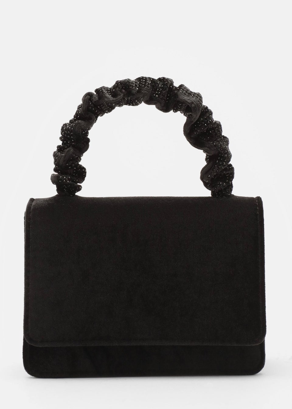 Quiz Black Velvet Diamante Mini Ruched Bag - Matalan