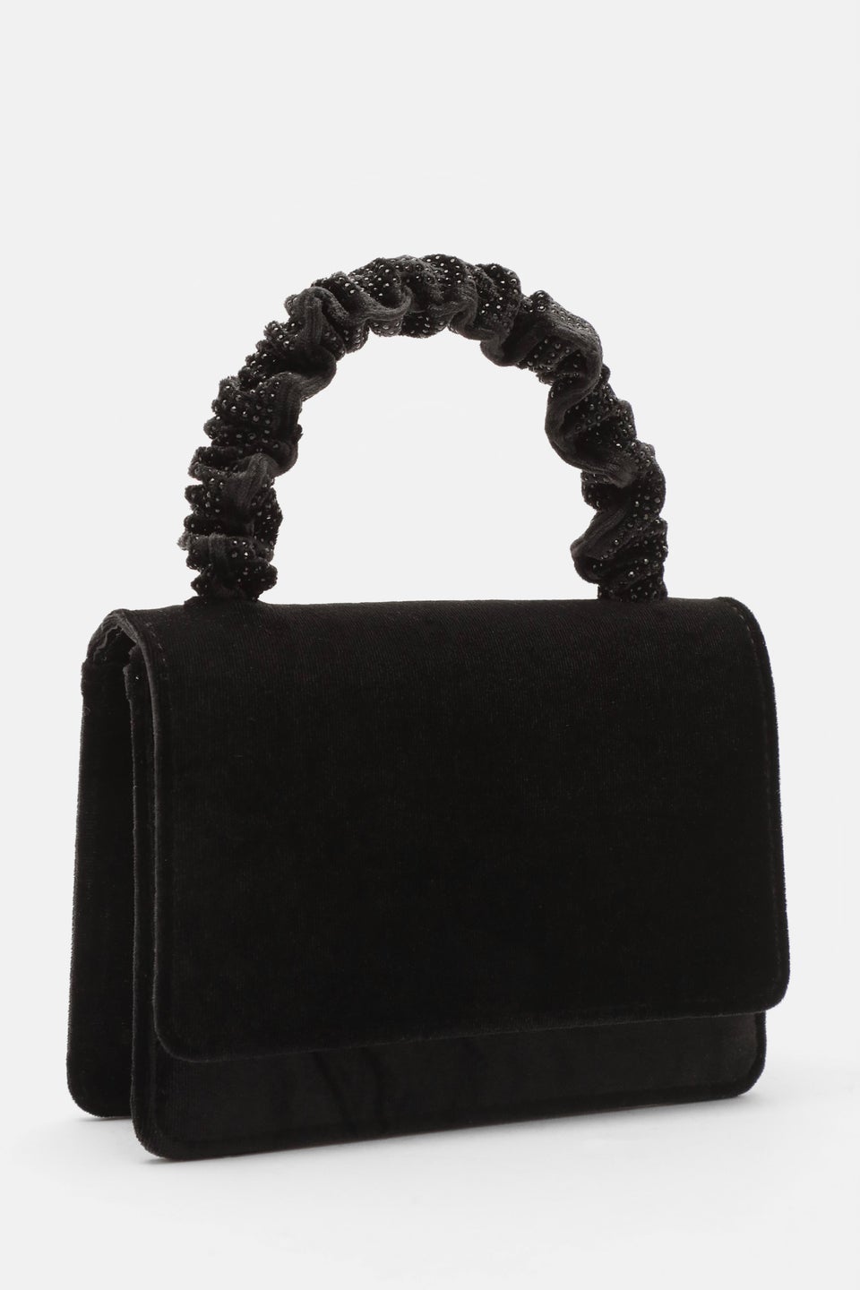 Quiz Black Velvet Diamante Mini Ruched Bag