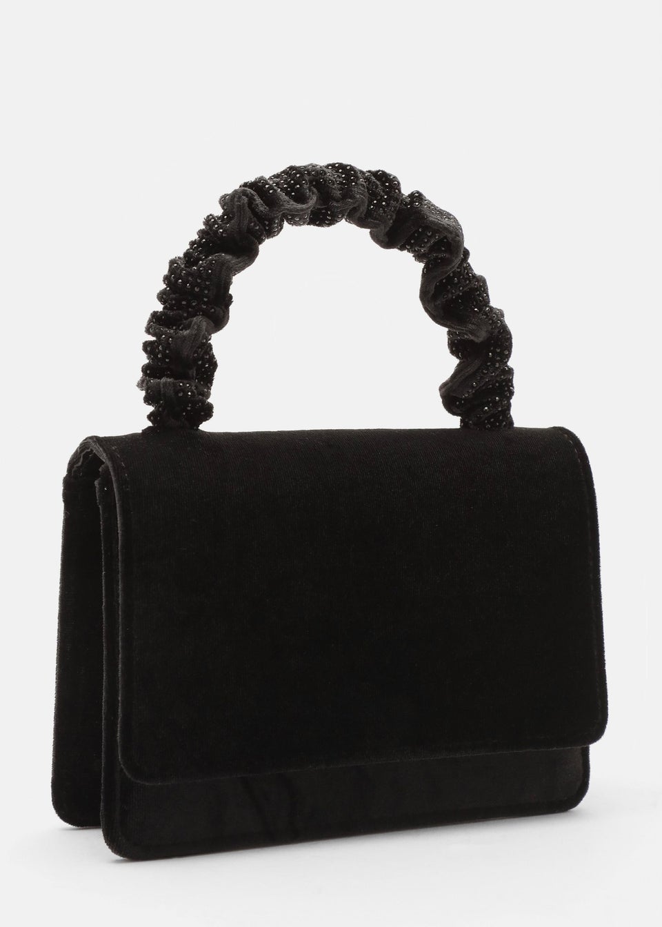 Quiz Black Velvet Diamante Mini Ruched Bag - Matalan