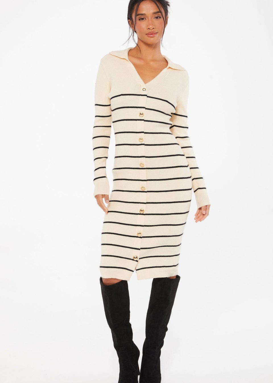 Quiz Natural Stripe Knitted Midi Dress