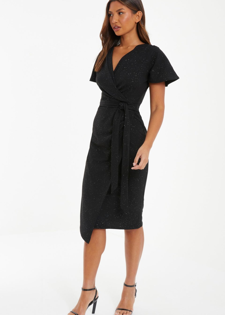 Quiz Black Glitter Ruched Wrap Midi Dress