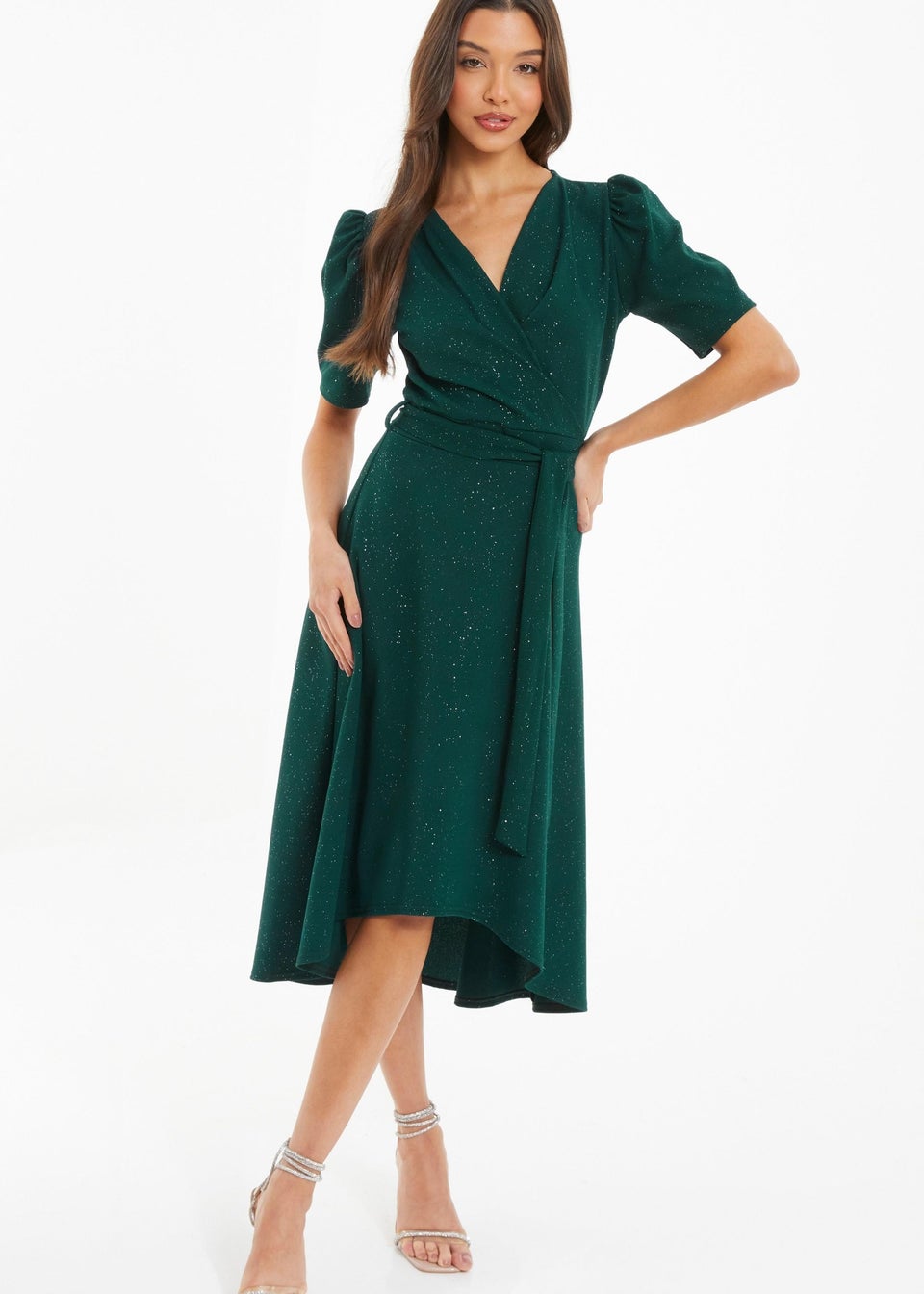 Quiz Green Glitter Dip Hem Midi Dress Matalan