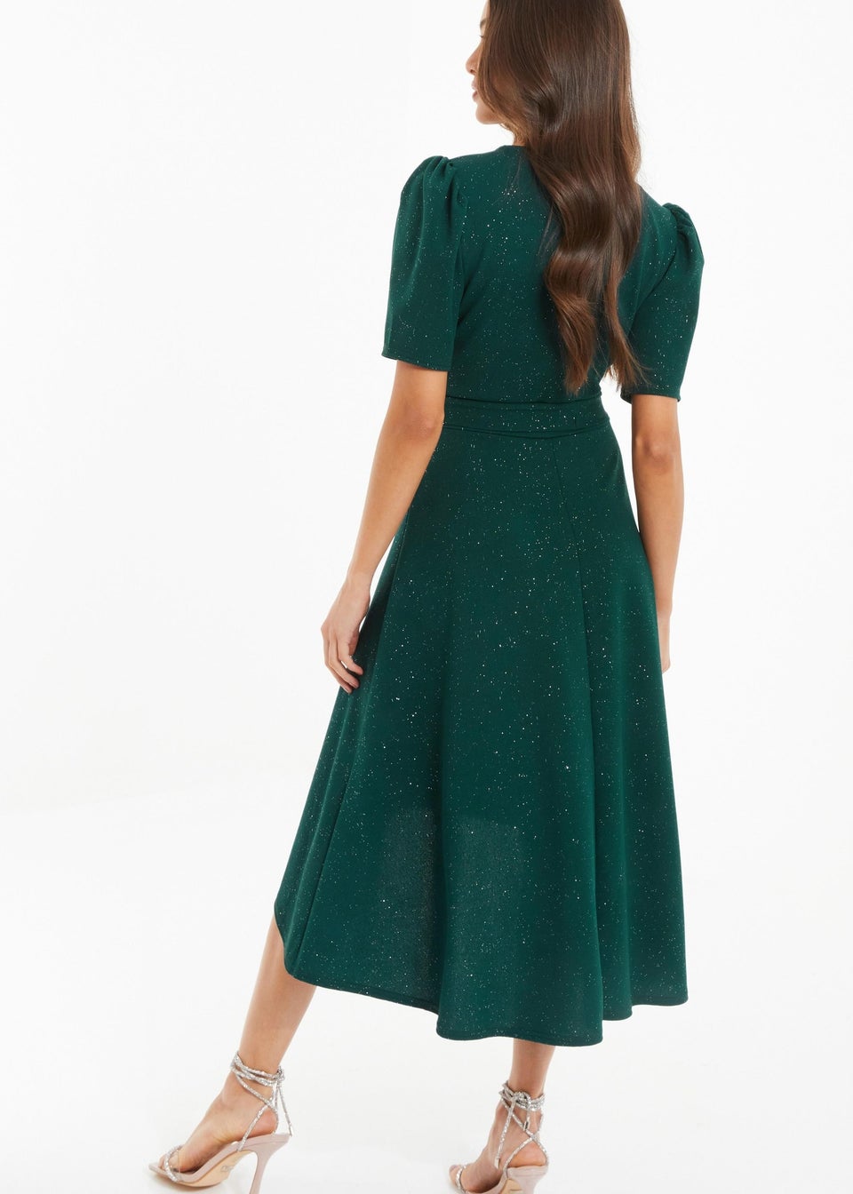 Quiz Green Glitter Dip Hem Midi Dress Matalan