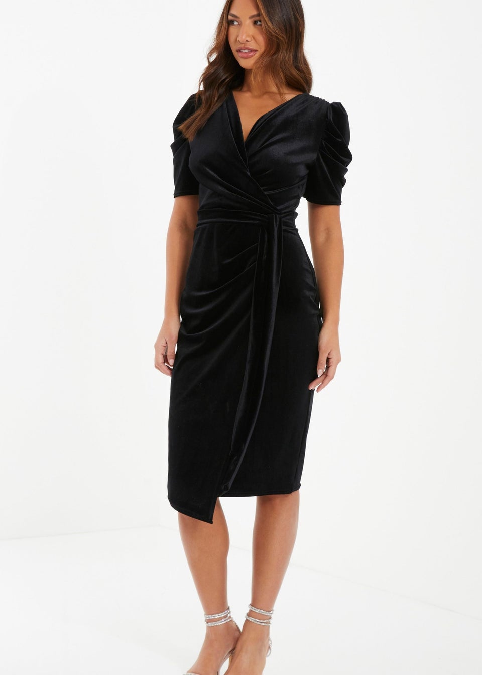 Quiz Black Velvet Wrap Midi Dress