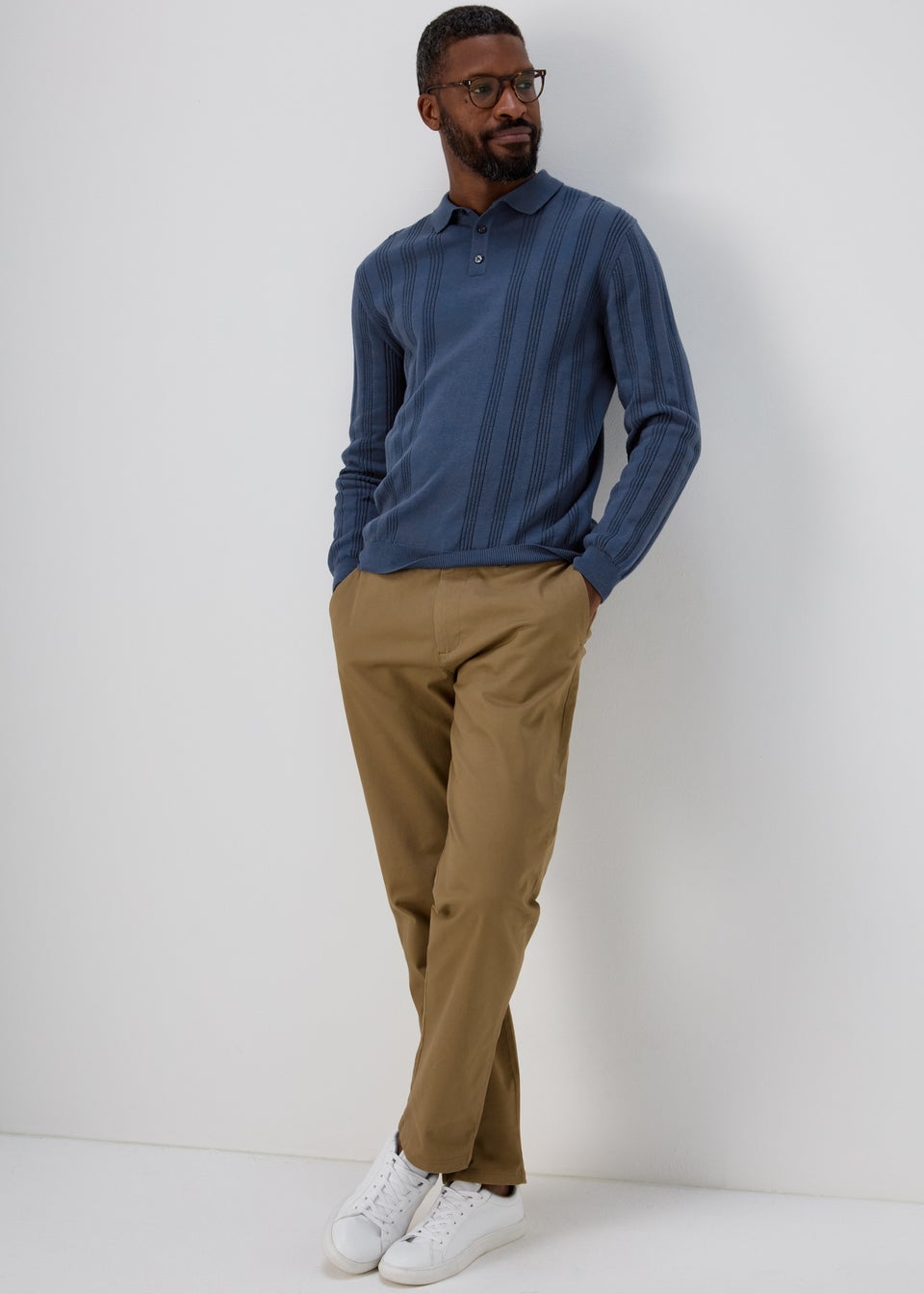 Blue Ribbed Long Sleeve Polo Shirt - Matalan