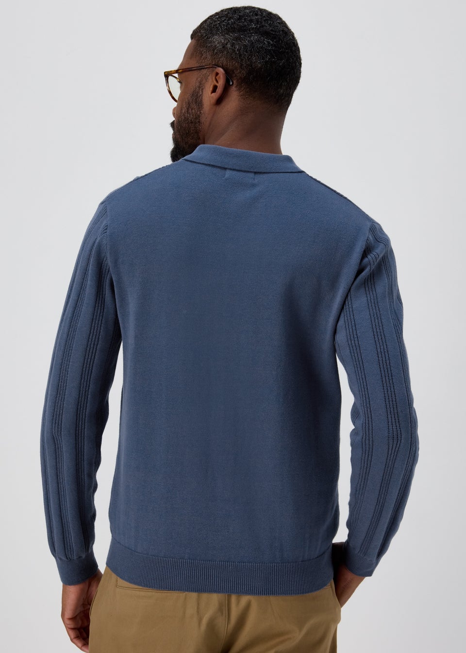 Blue Ribbed Long Sleeve Polo Shirt