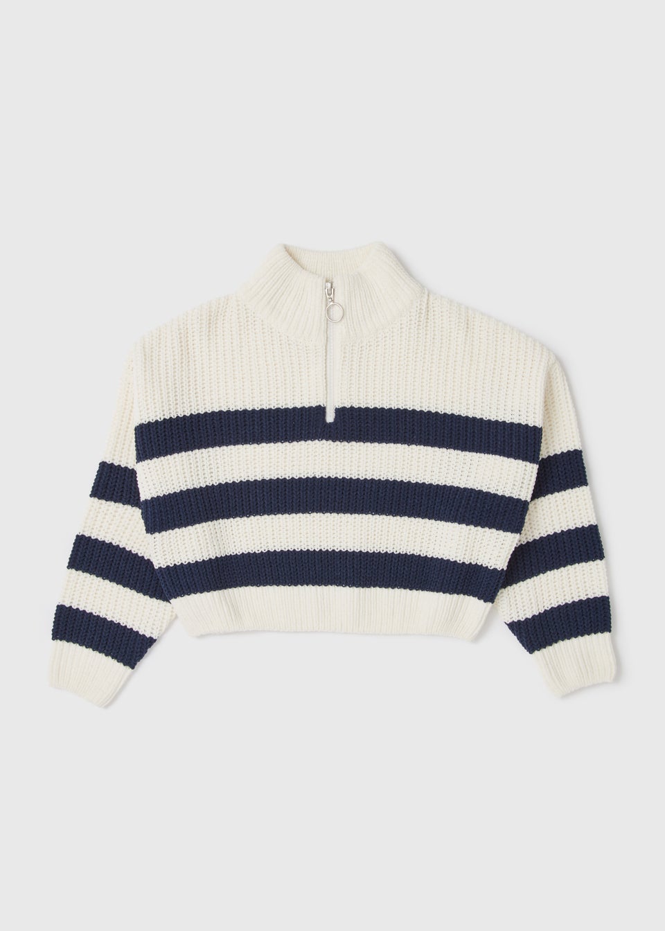 Girls White & Navy Stripe Half Zip Sweater (7-15yrs)