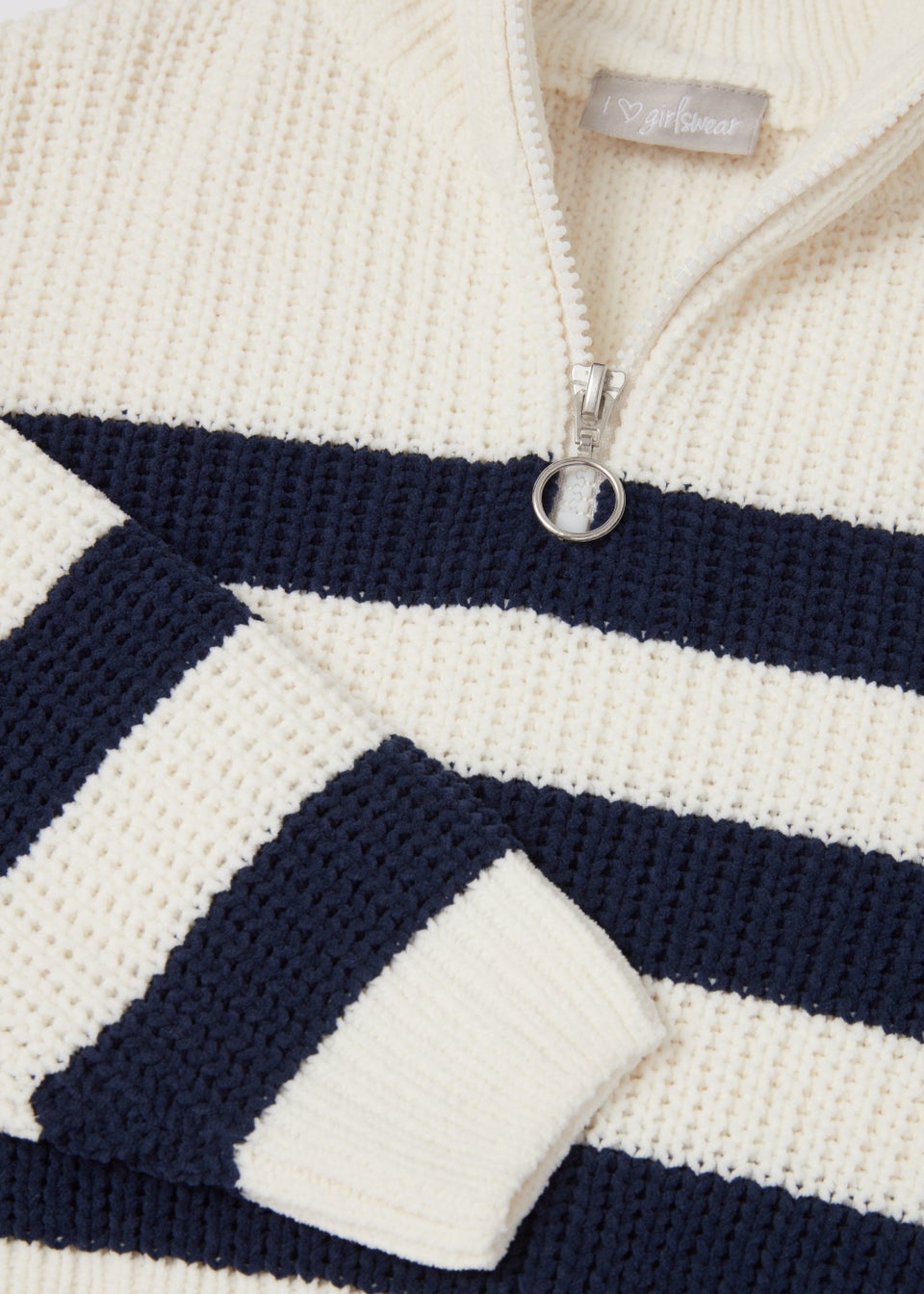Girls White & Navy Stripe Half Zip Sweater (7-15yrs)