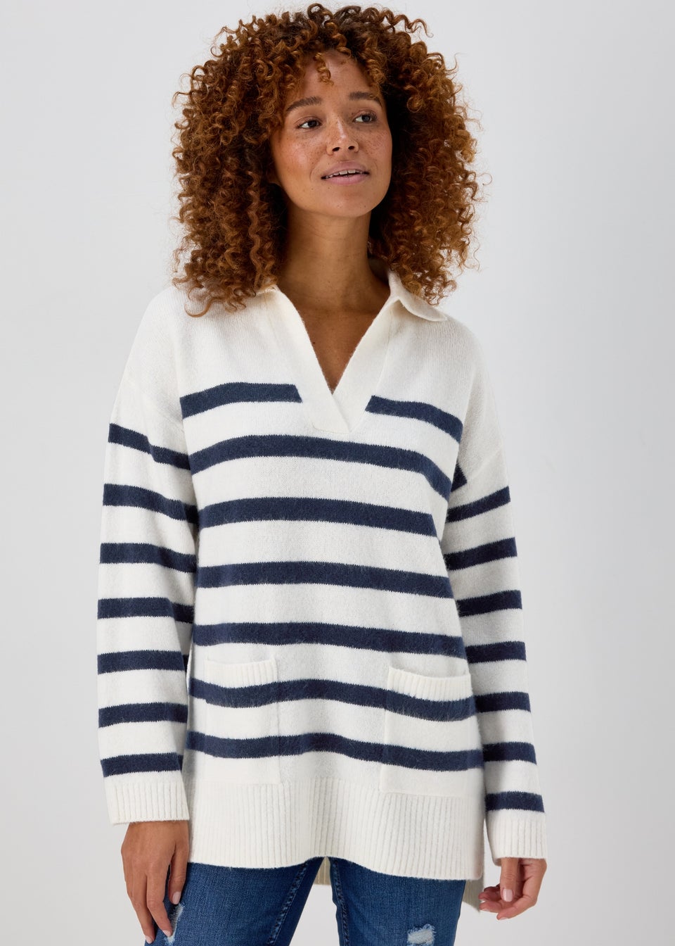 Ivory Stripe Open Collar Jumper - Matalan