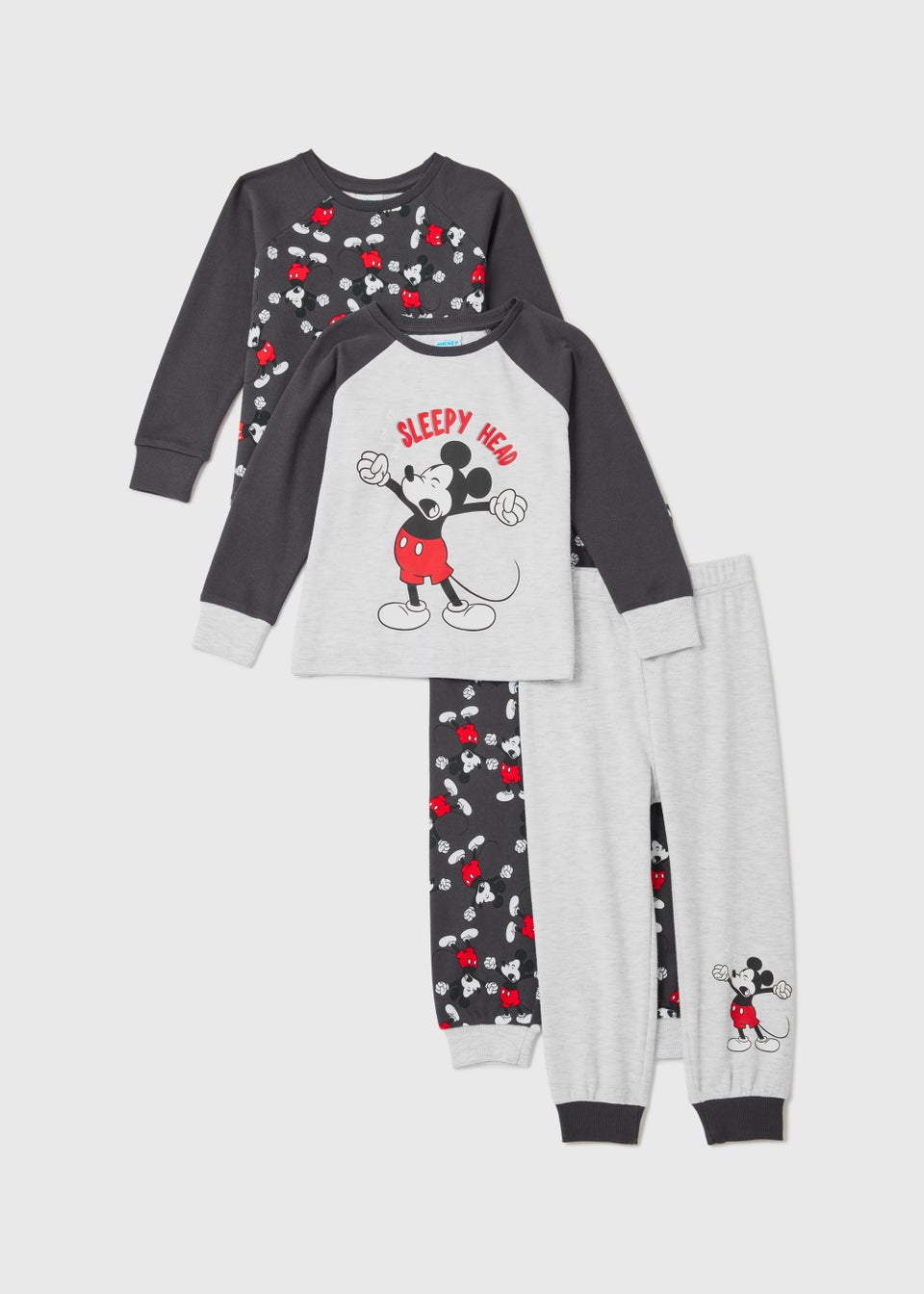Kids 2 Pack Grey Mickey Mouse Print Pyjama Sets (9mths-6yrs)
