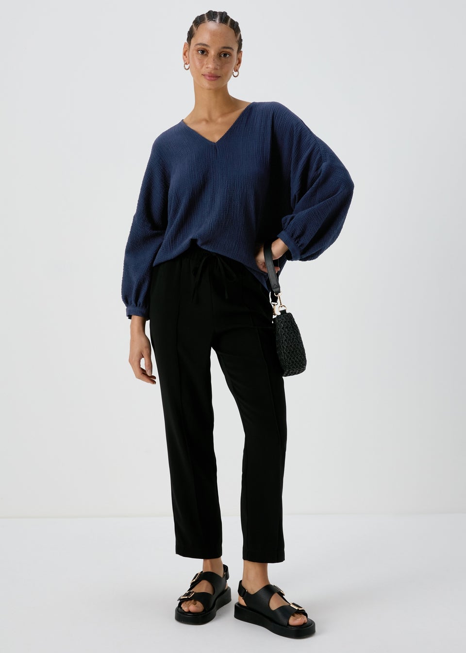 Navy Blue Textured Popover Blouse