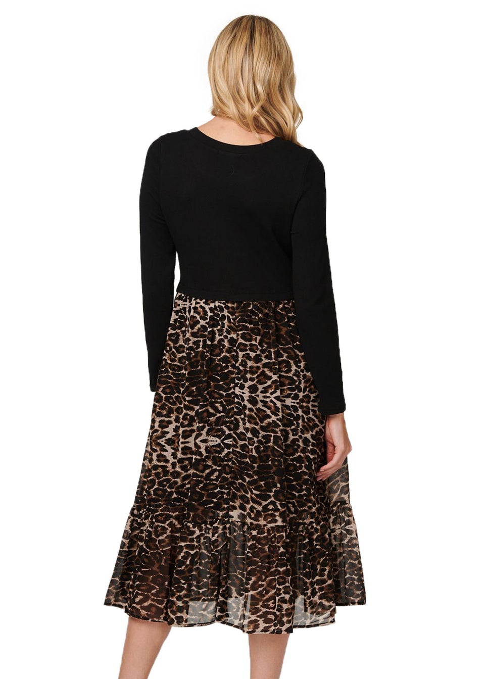 Izabel London Black Leopard Print Tiered Midi Dress