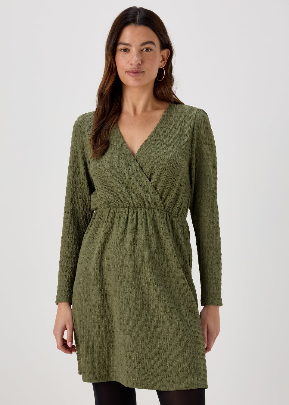 Khaki Textured Jersey Wrap Mini Dress