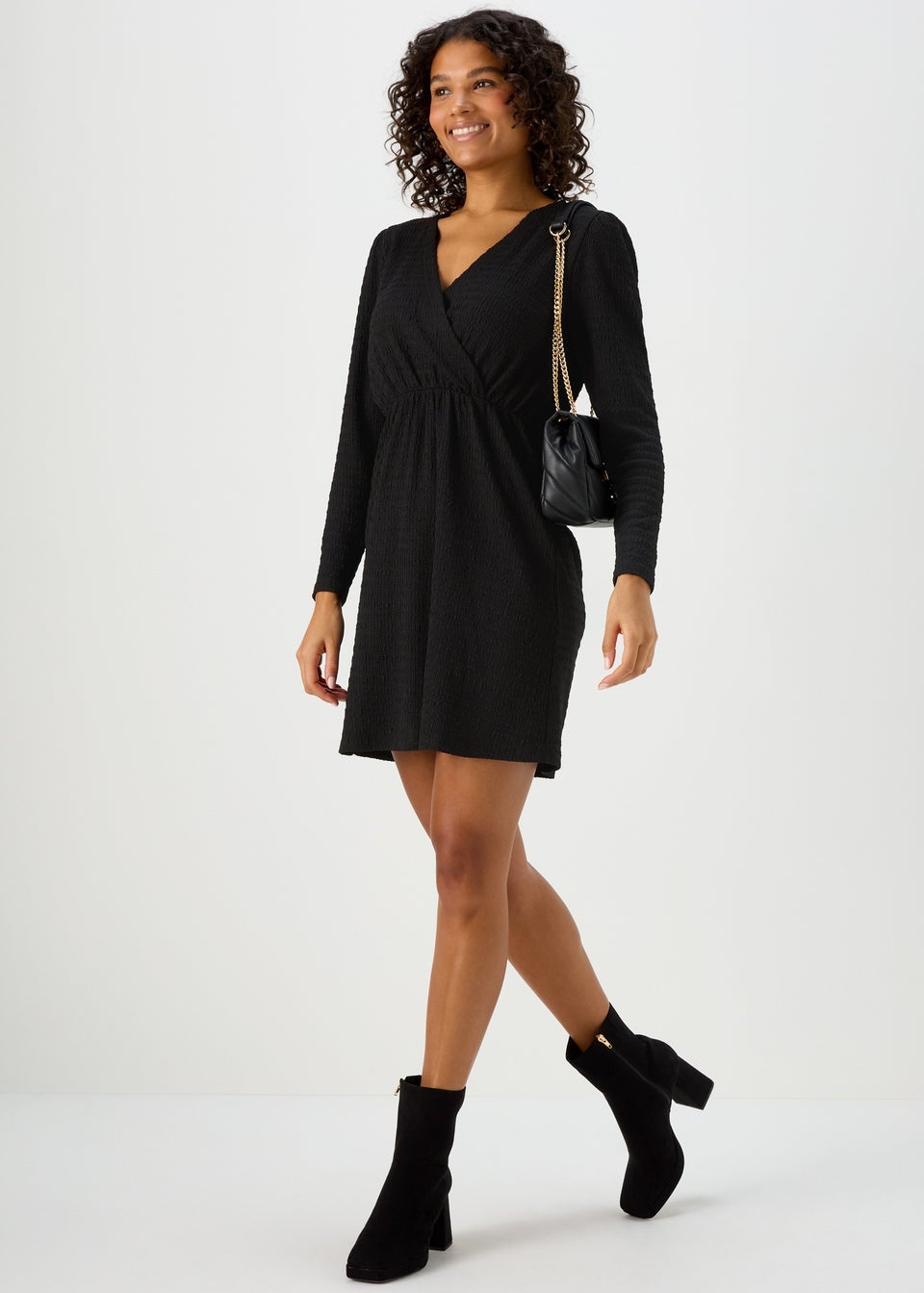 Black Textured Jersey wrap Mini Dress
