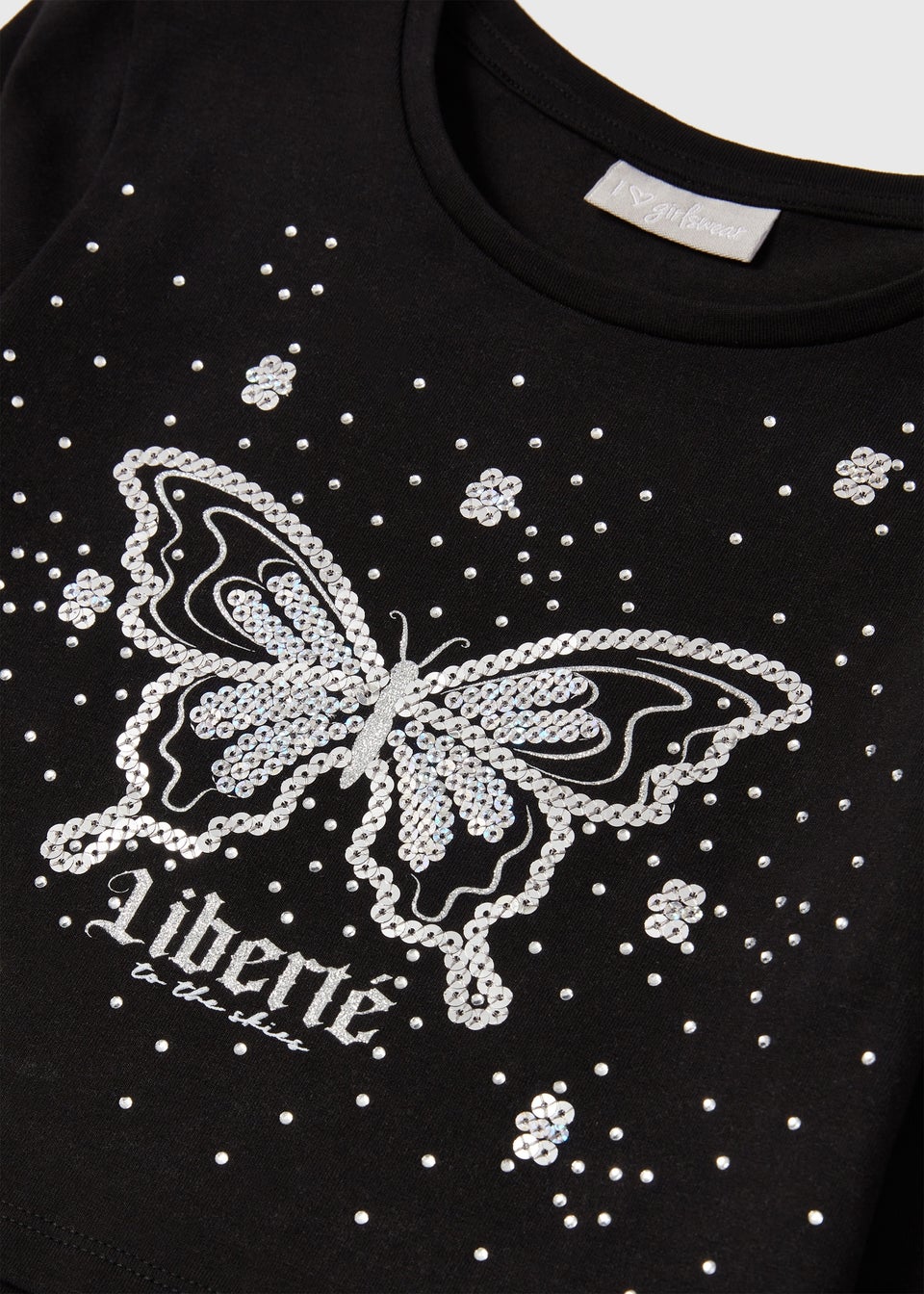 Girls Black Sequin Butterfly T Shirt (7-13yrs)
