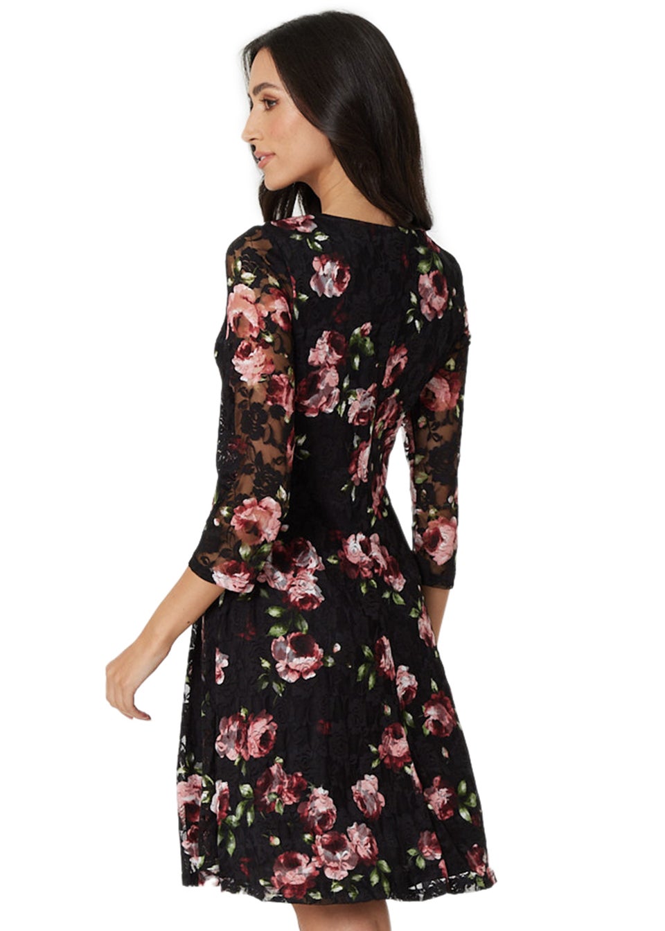 Izabel London Pink Floral Lace 3/4 Sleeve Skater Dress