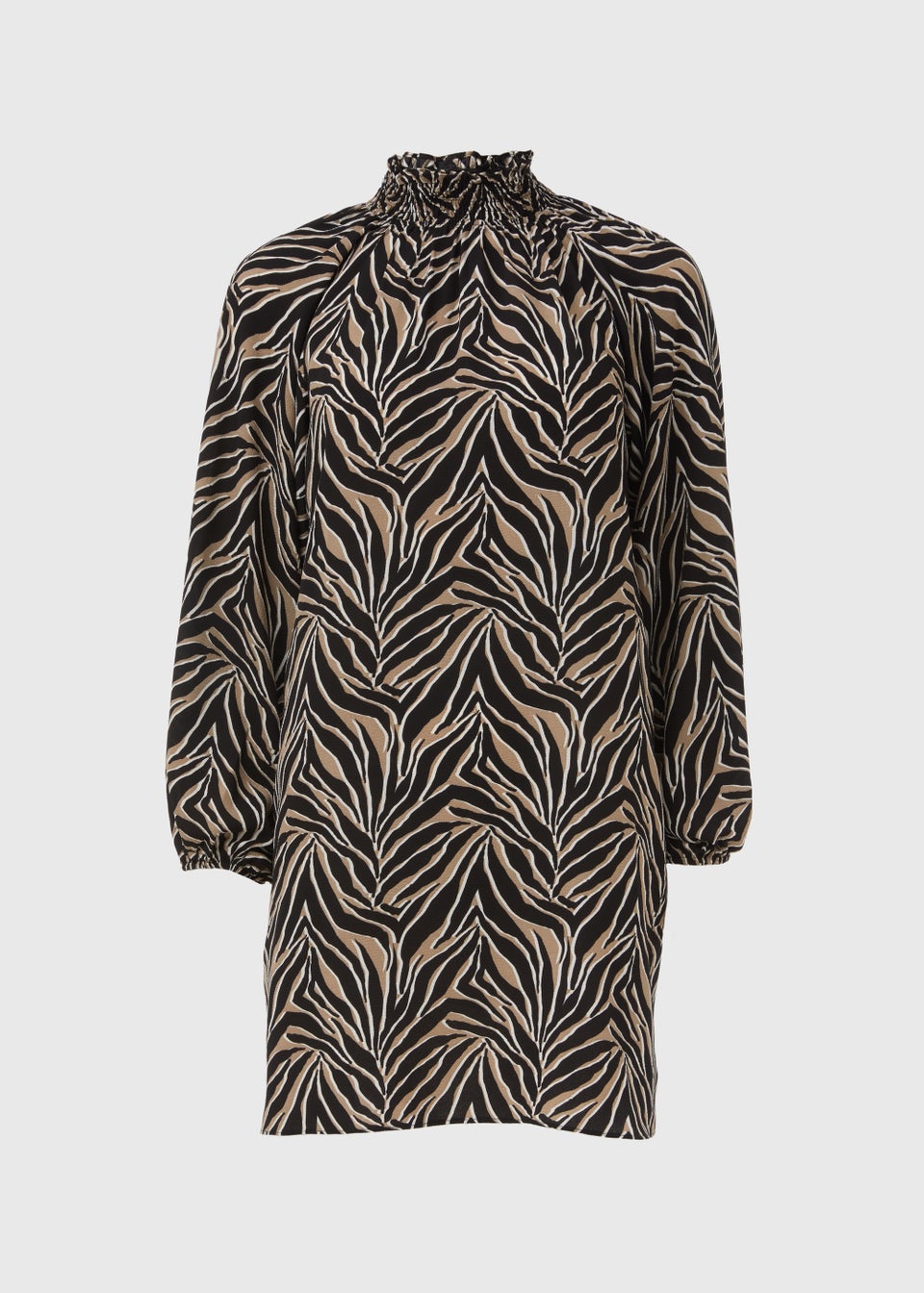 Brown Zebra Print Shirred Bubble Mini Dress