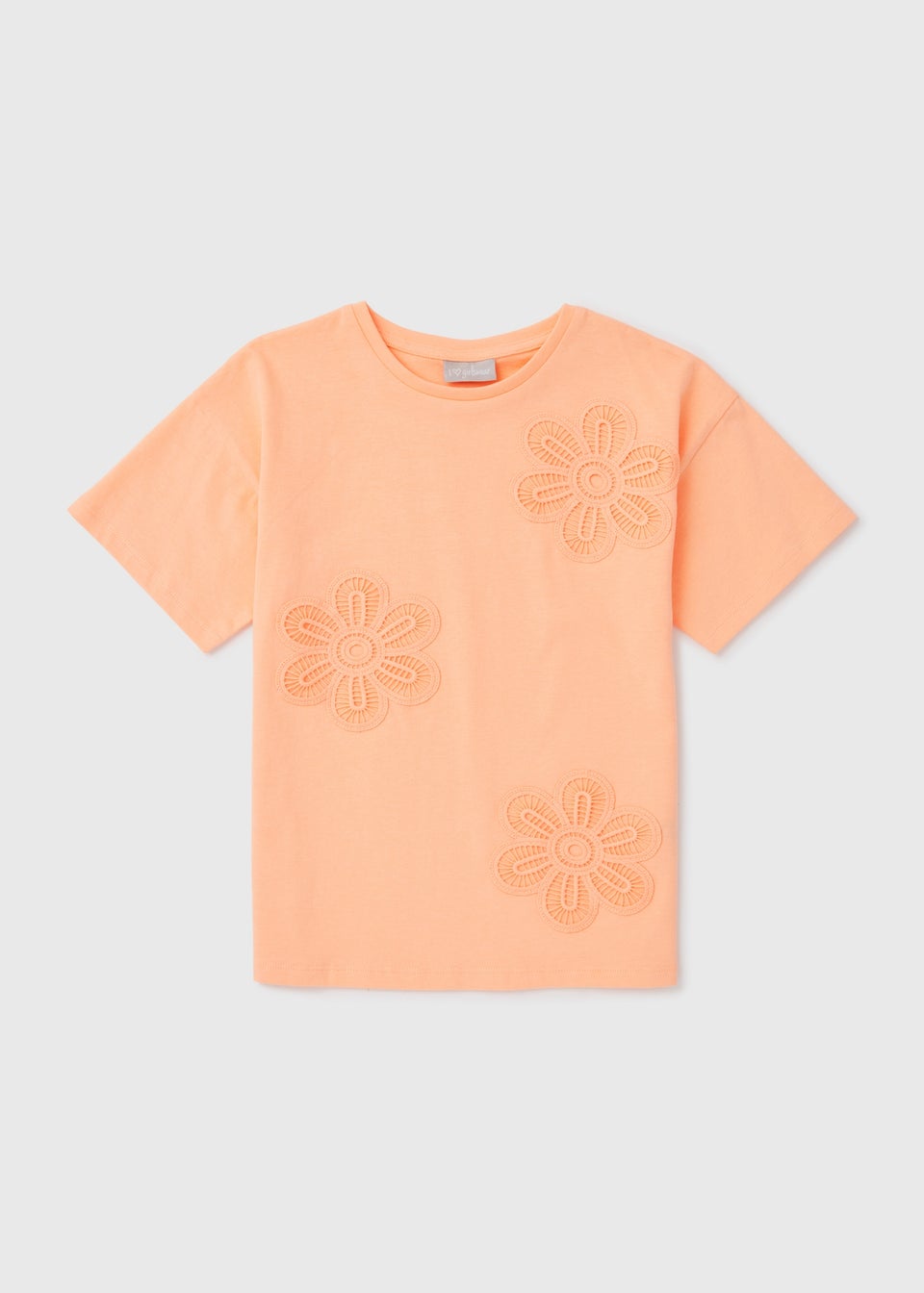 Girls Coral Crochet Flower Trim T-Shirt (7-13yrs)