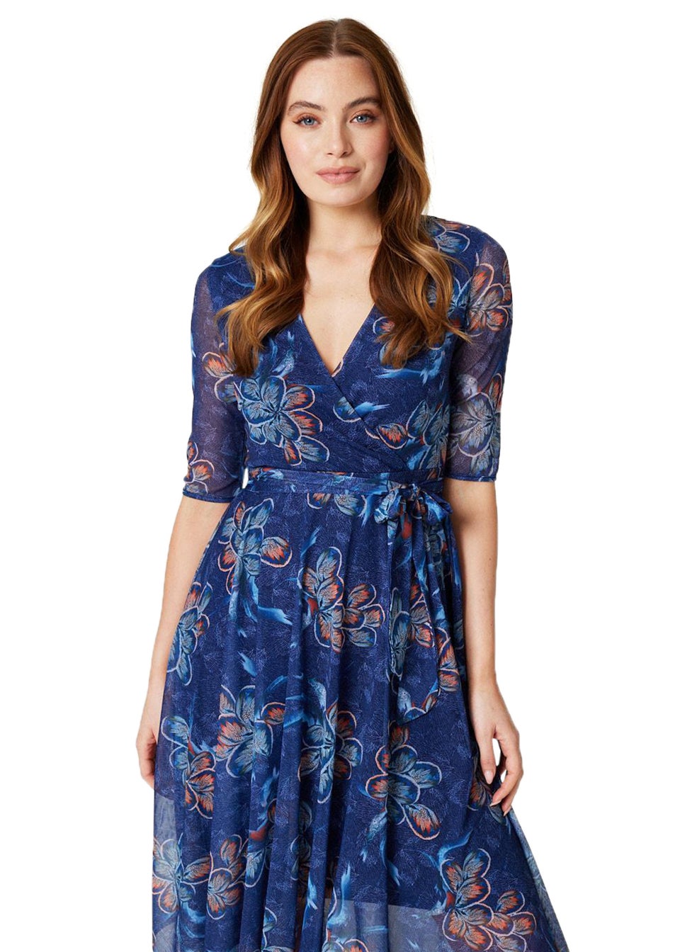Izabel London Navy Floral Wrap Hanky Hem Dress Matalan