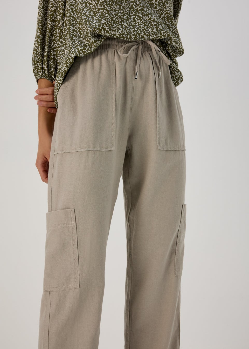 Beige Tapered Linen Cargo Trousers