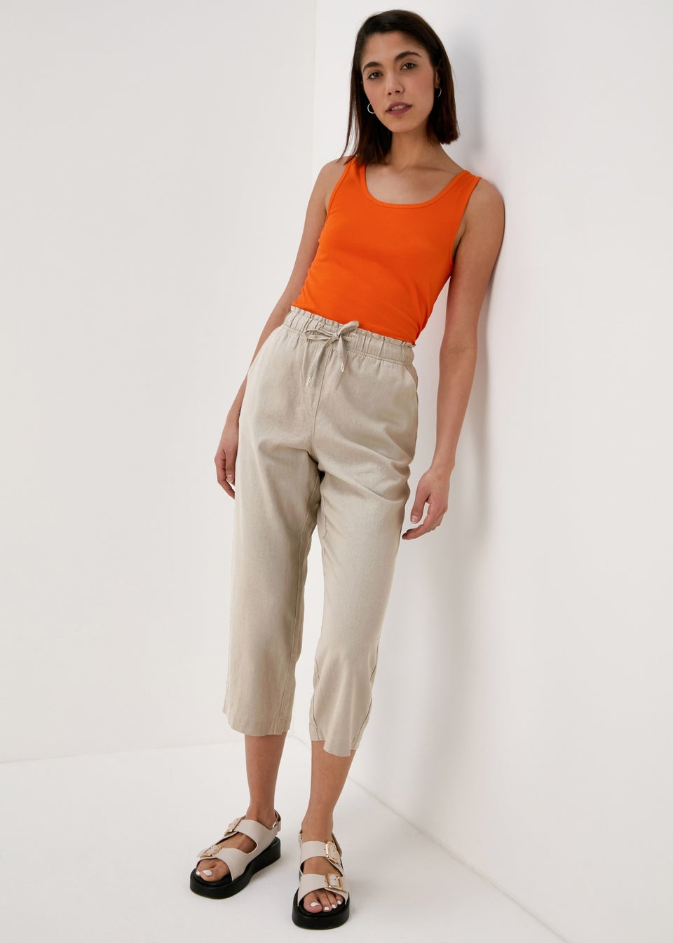 Stone Linen Tapered Crop Trousers