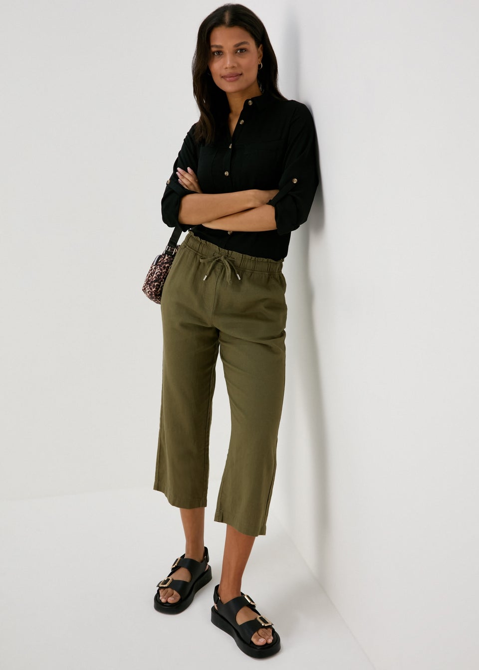 Khaki Linen Tapered Crop Trousers
