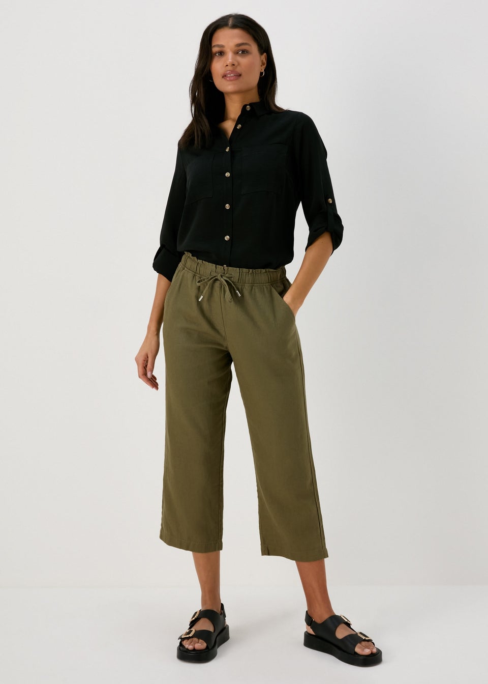 Khaki Linen Tapered Crop Trousers
