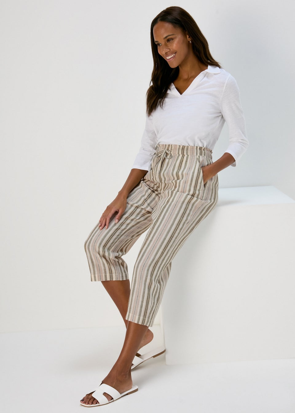 Khaki Stripe Tapered Cropped Linen Trousers
