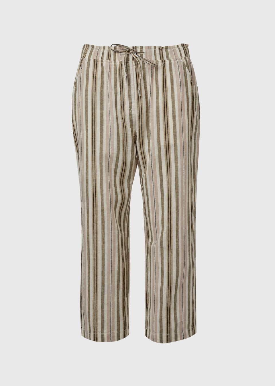 Khaki Stripe Tapered Cropped Linen Trousers