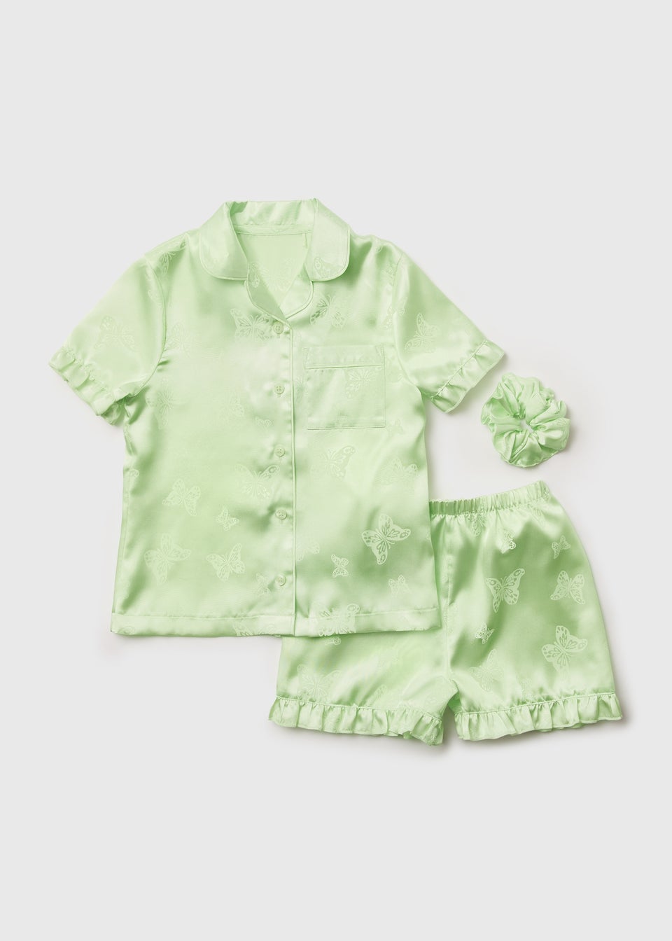 Girls Lime Jacquard Butterfly Satin Shorts Pyjama Set (4-13yrs)