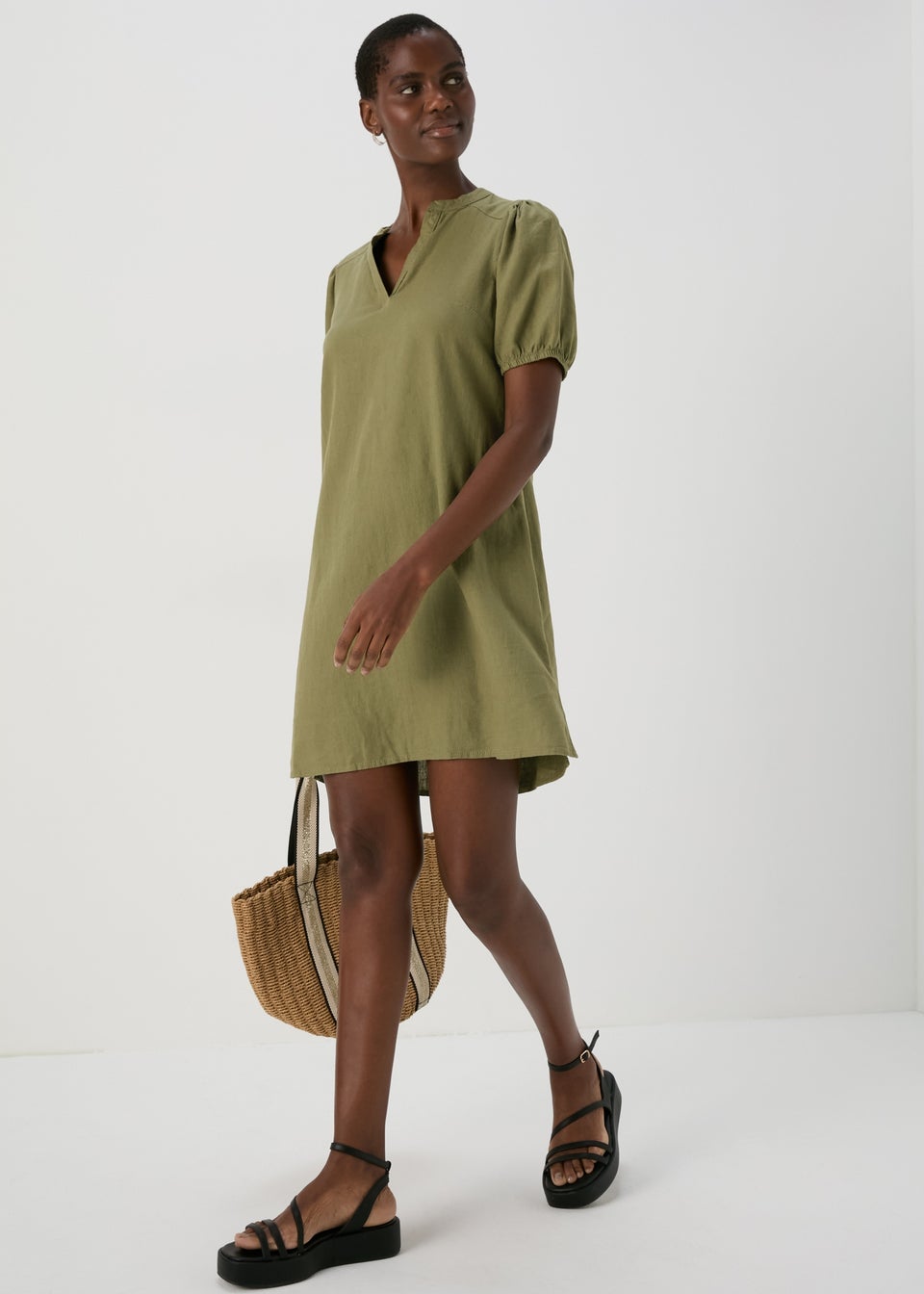 Khaki Solid Basic Linen Mini Dress