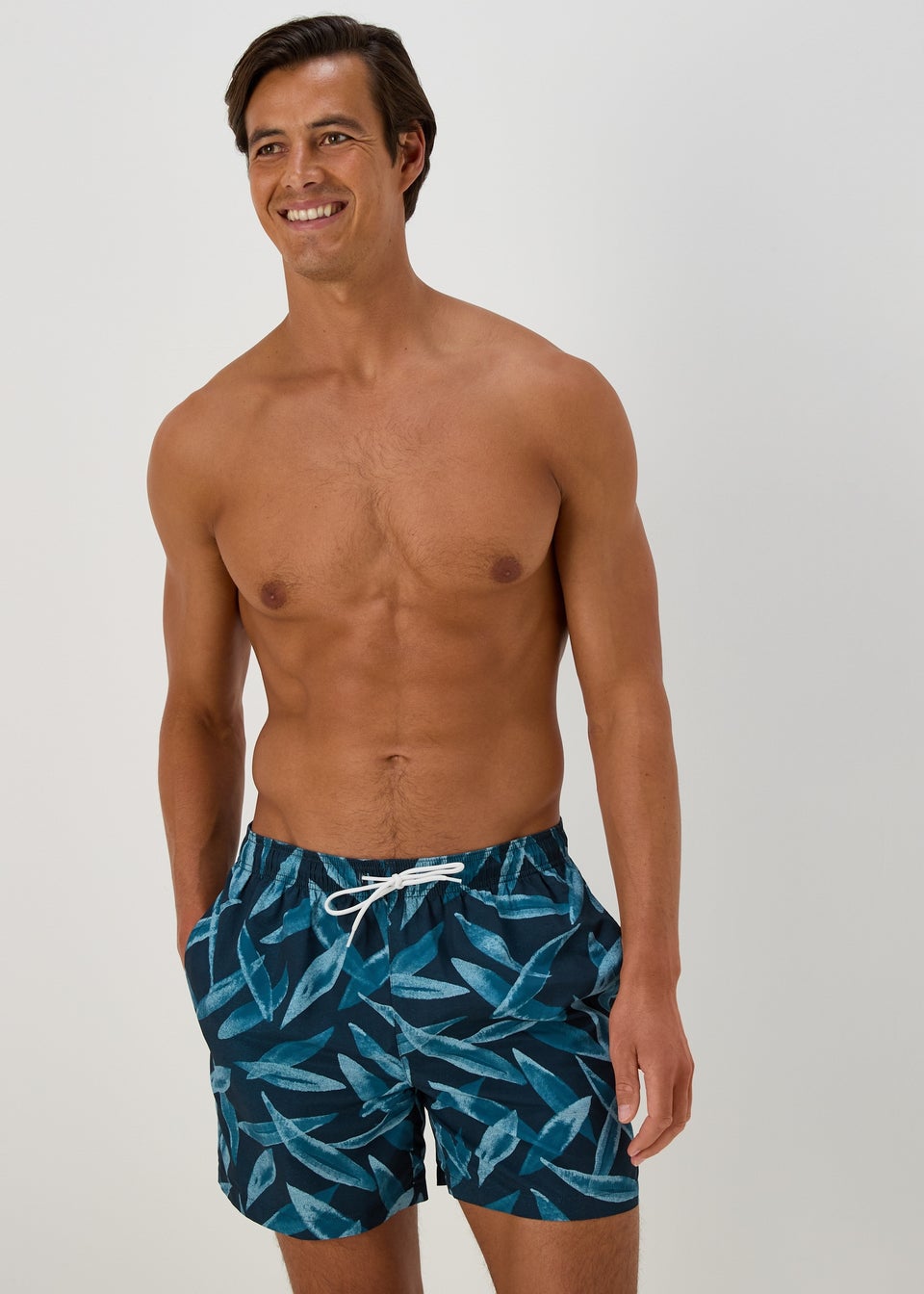 Blue Watercolour Leaf Print Swim Shorts
