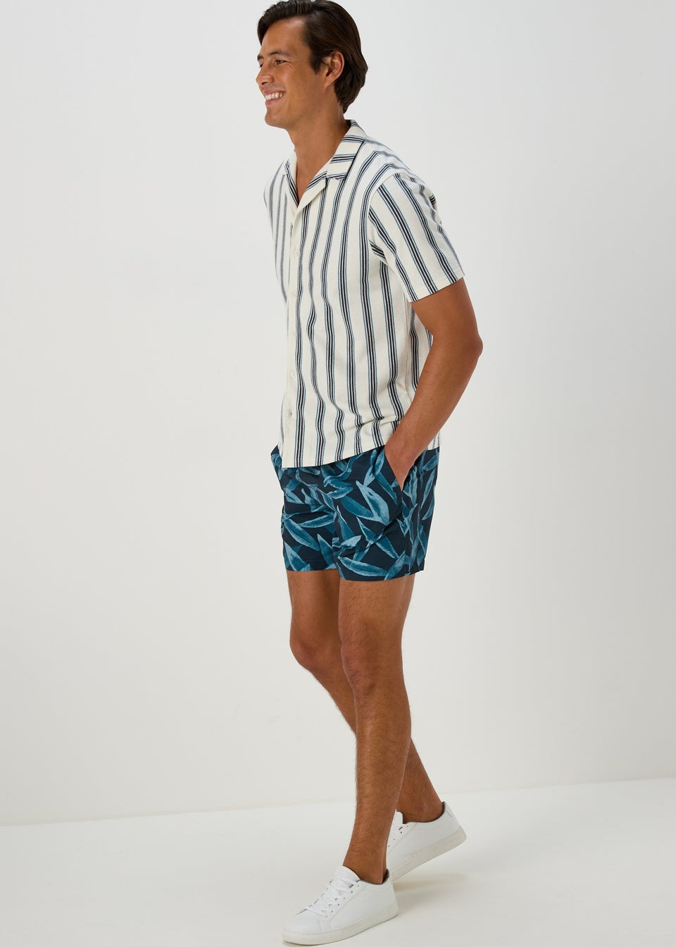 Blue Watercolour Leaf Print Swim Shorts