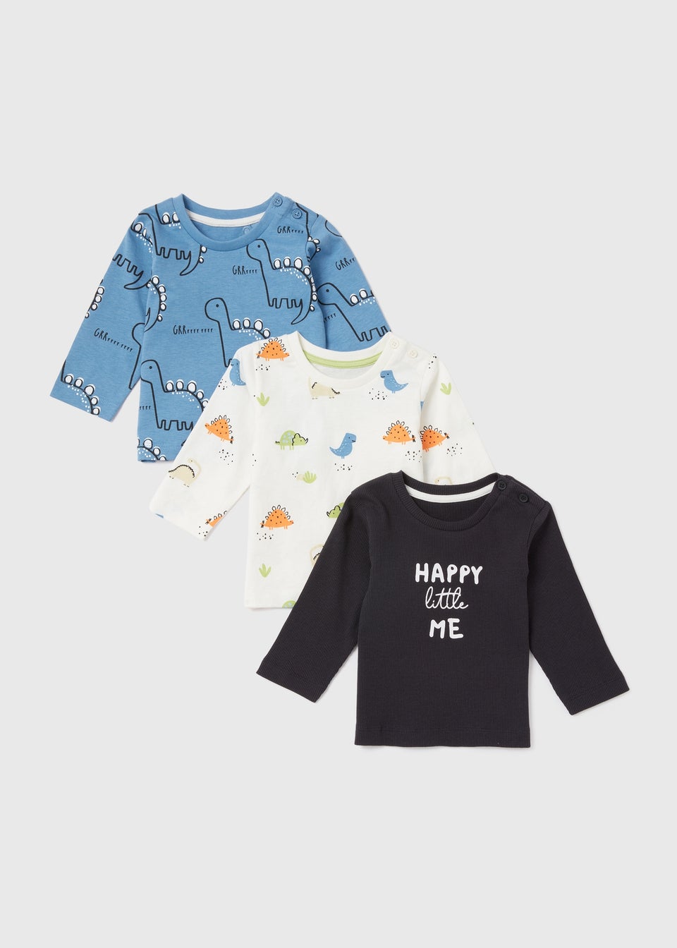 Baby 3 Pack Dino Print Long Sleeve T-Shirts (Newborn-23mths)