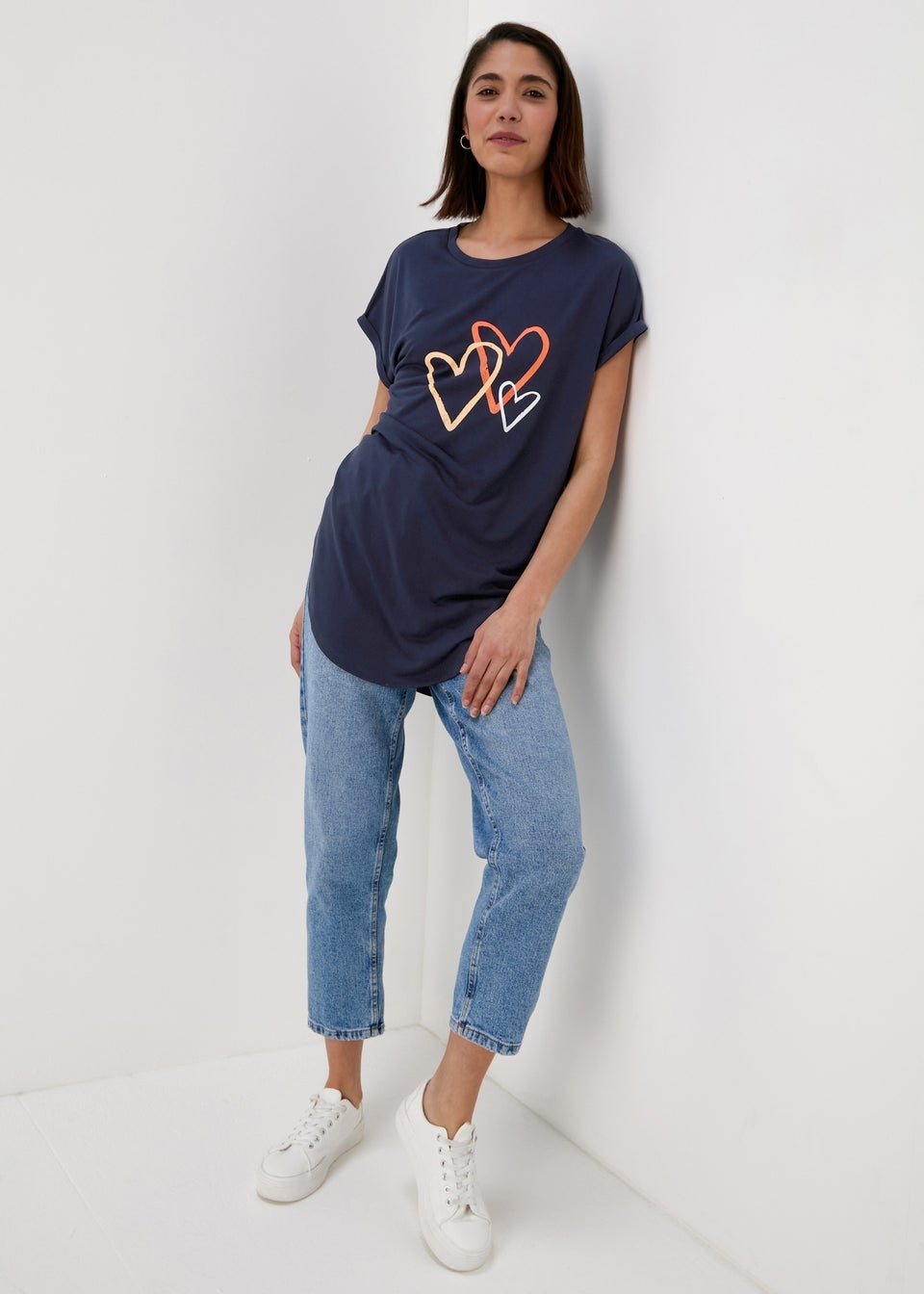 Navy Triple Heart Print Longline T-Shirt