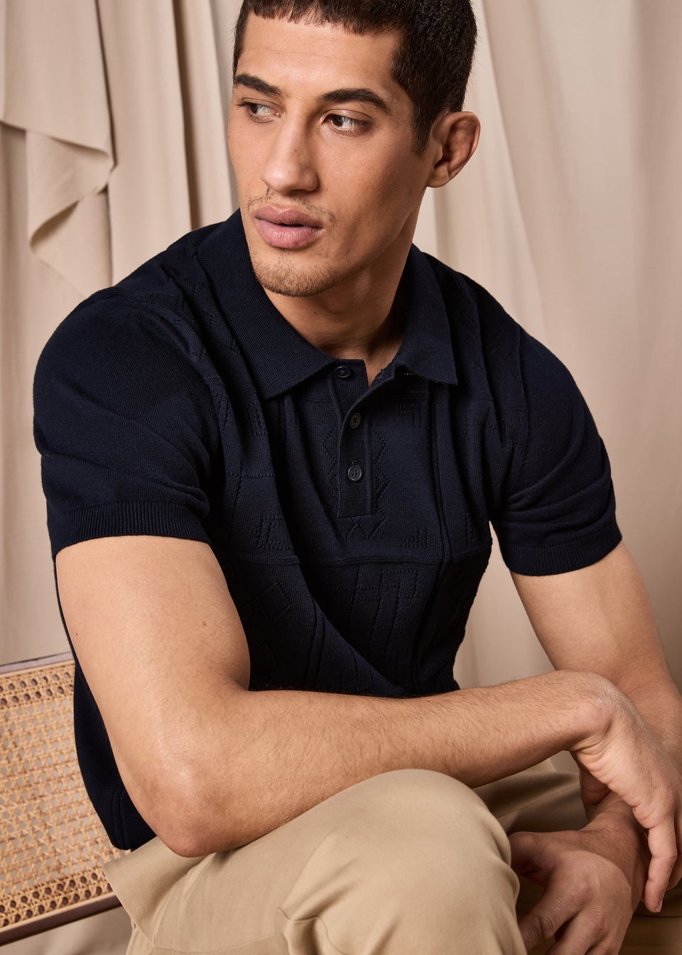 Navy Pointelle Smart Knitted Polo