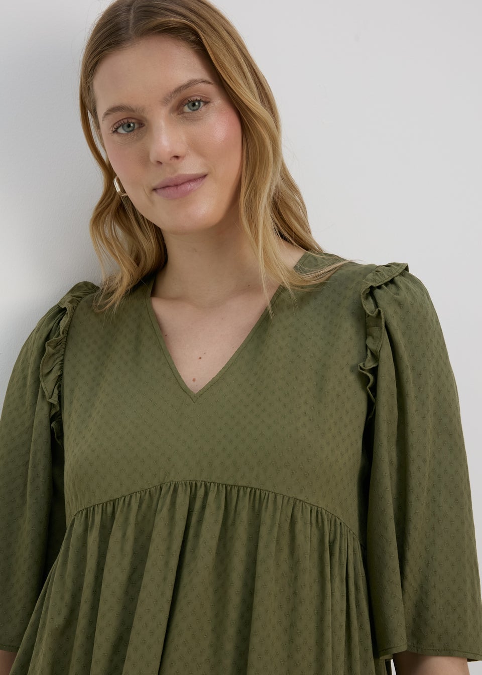 Khaki Frill Viscose Dobby Blouse Top