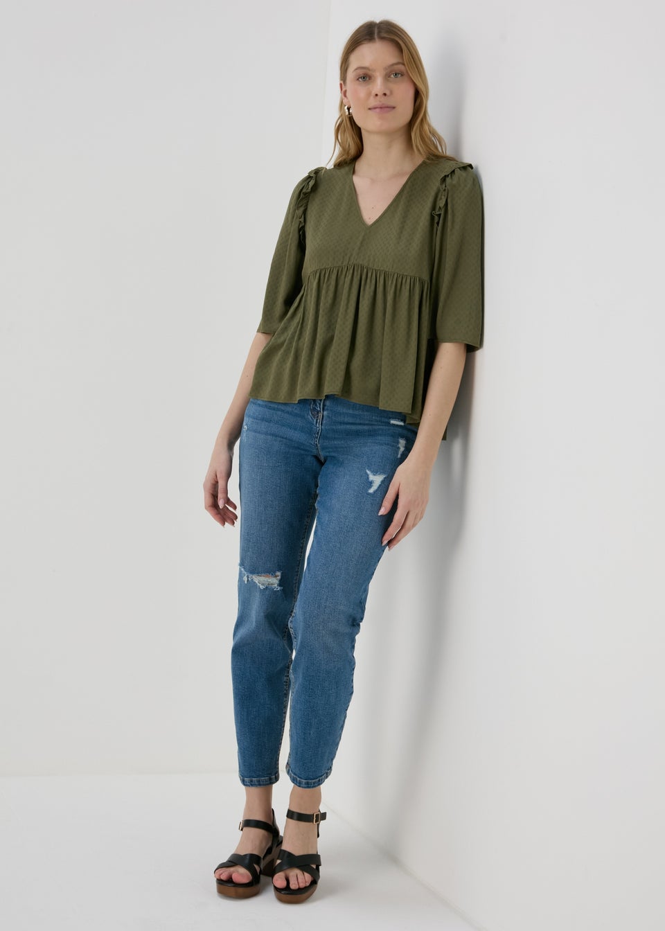 Khaki Frill Viscose Dobby Blouse Top