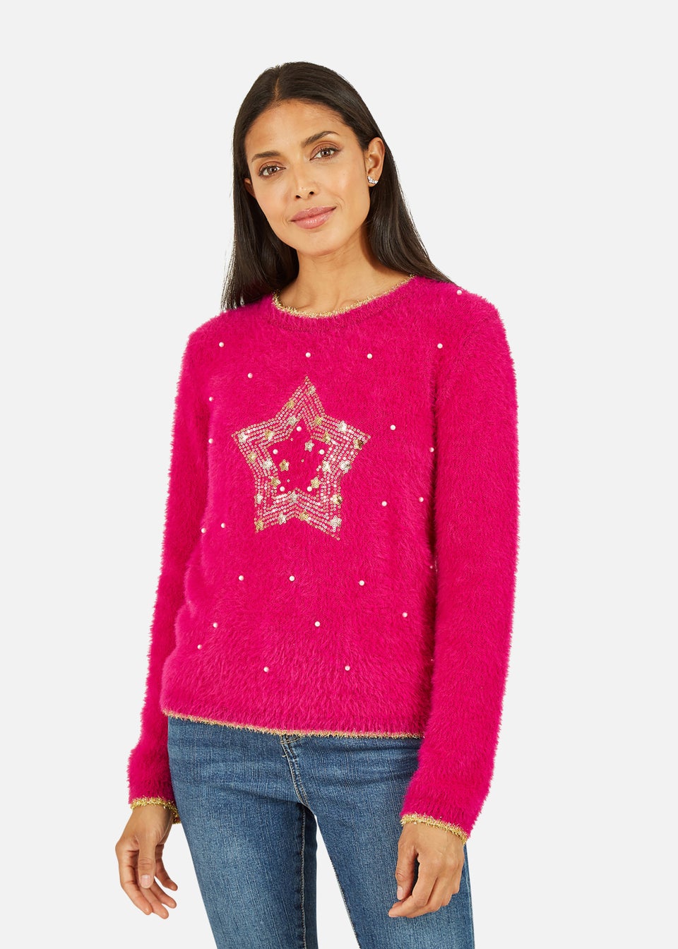 Mela Fluffy Star Christmas Jumper In Pink