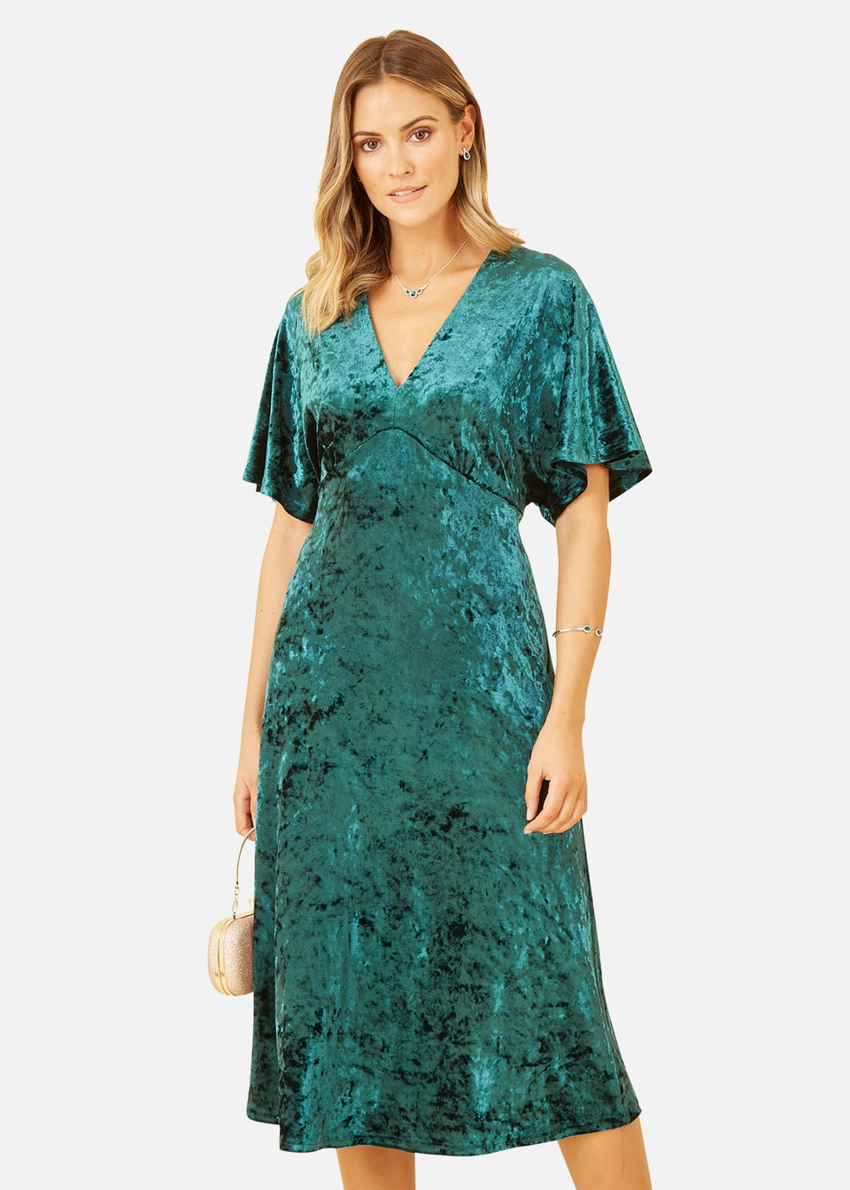 Yumi Velvet Kimono Midi Dress In Green Matalan