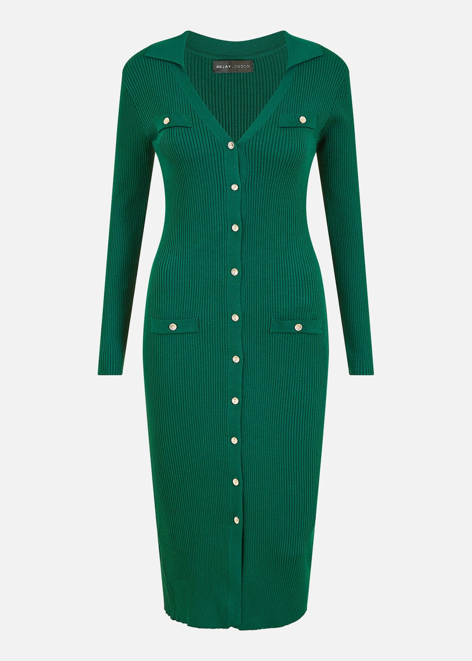 Mela Knitted Fitted Midi Dress With Buttons In Green
