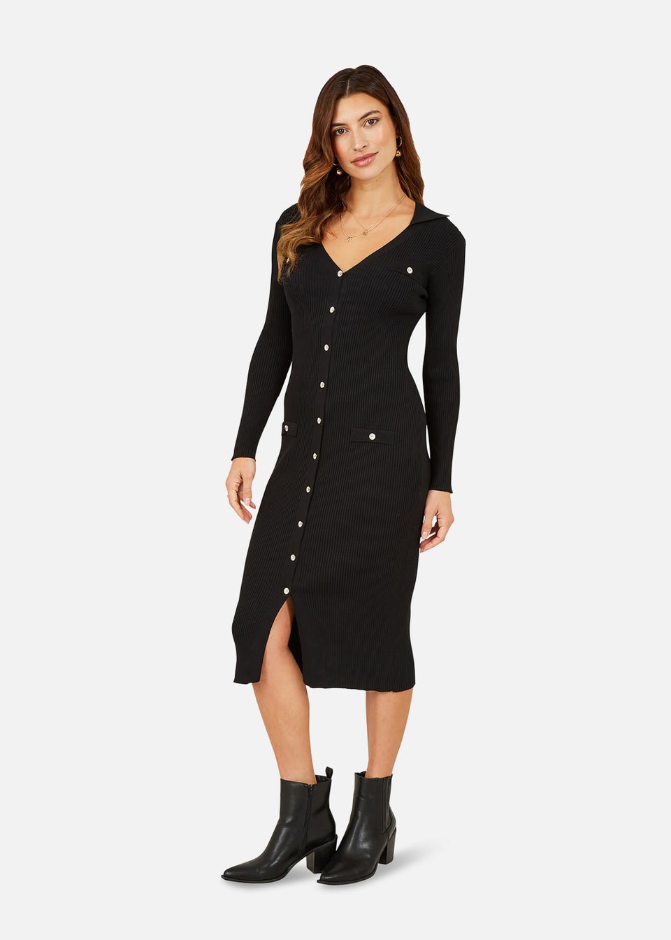 Mela Knitted Fitted Midi Dress With Buttons In Black