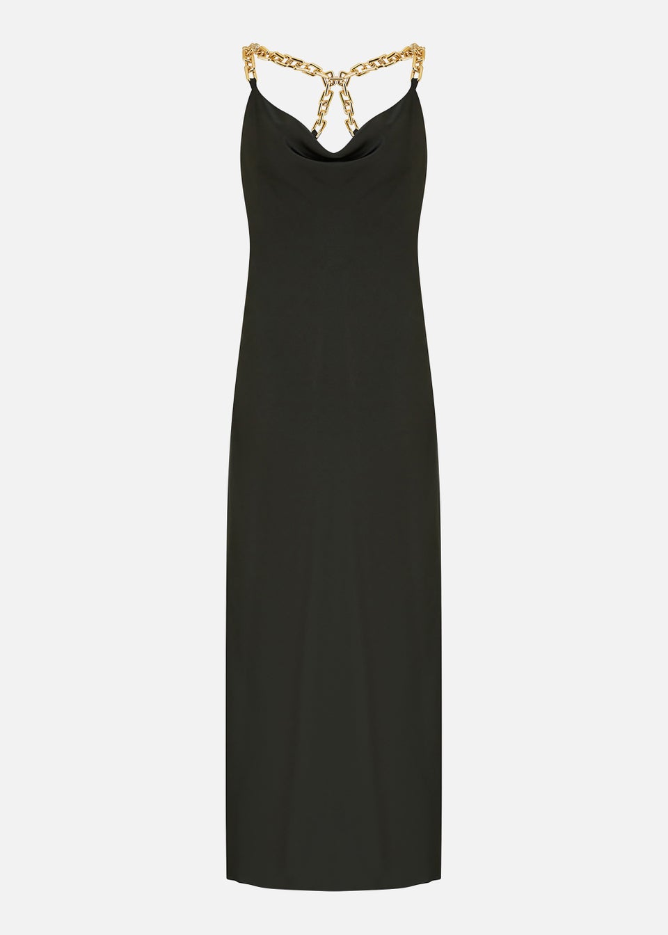 Mela Satin Cowl Neck Maxi Dress With Chain Straps In Black