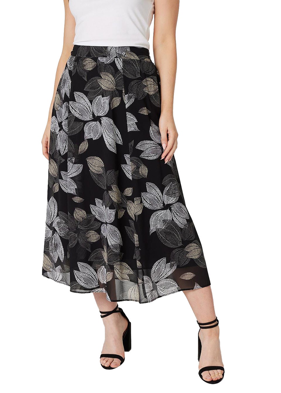 Izabel London Black Leaf Print High Waist Midi Skirt