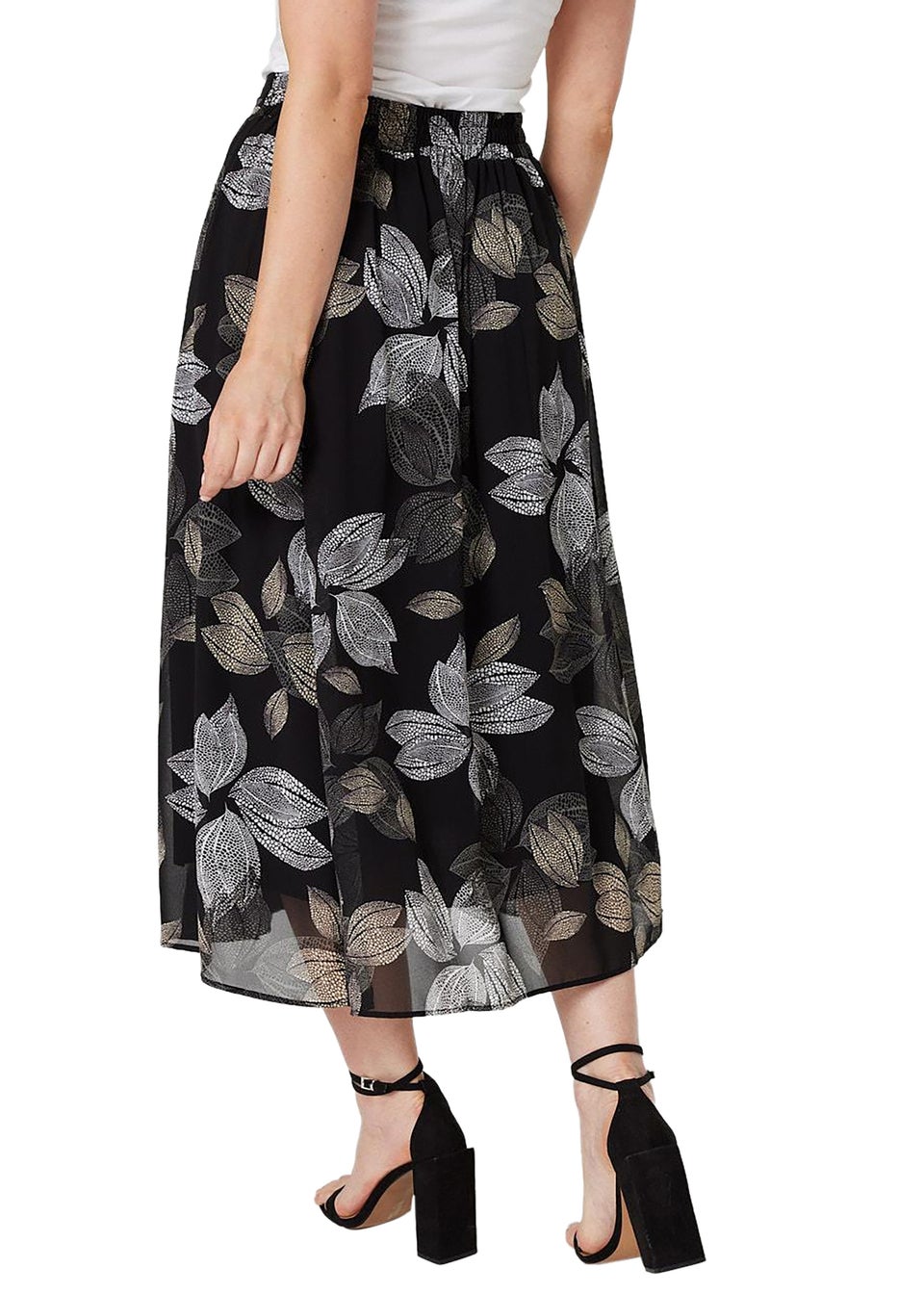 Izabel London Black Leaf Print High Waist Midi Skirt