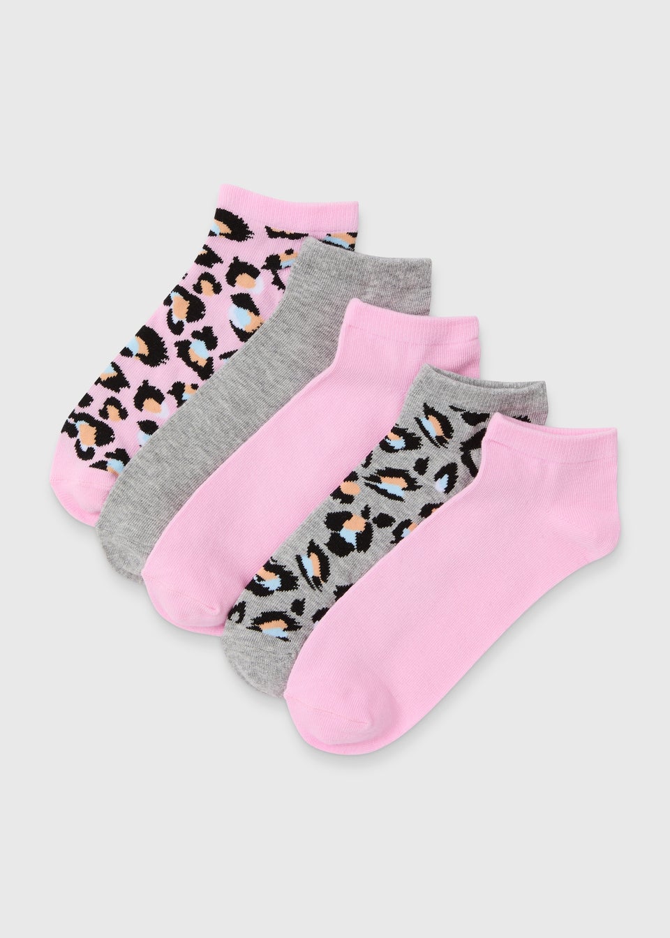 5 Pack Grey & Pink Animal Print Trainer Socks